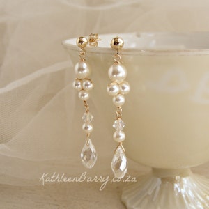 Bridal Earrings Gold - Crystal drop & Pearl long dangle wedding accessories - Rose Gold or Silver options STYLE: Lauren