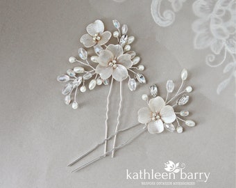 Wedding flower hair pins sold as a pair or individually, rhinestone crystal & pearl, Color + metallic finish options to order STYLE : Cecile