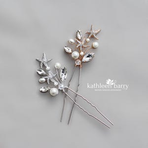Destination Wedding Beach hair pins - starfish detail with rhinestones and pearls - available in gold or silver finish