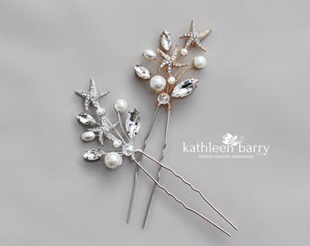 Destination Wedding Beach hair pins - starfish detail with rhinestones and pearls - available in gold or silver finish