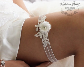 Garter ivory with flower detail and lace - floral bridal garter color options available, wedding accessories STYLE: Melanie