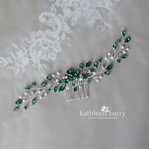 Emerald green wedding hair vine style comb - Rhinestone and pearl  - Color options available, bridal hair accessories STYLE: Chante
