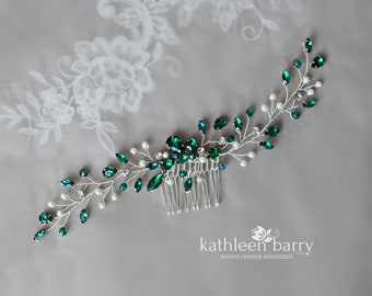 Emerald green wedding hair vine style comb - Rhinestone and pearl  - Color options available, bridal hair accessories STYLE: Chante
