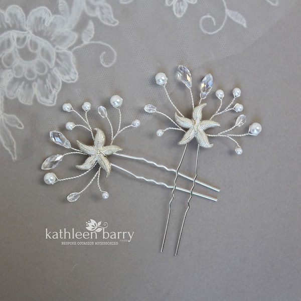 Bridal Starfish silver hair pin, crystal and pearl hair piece - sea star fish beach wedding - Assorted pearl color options