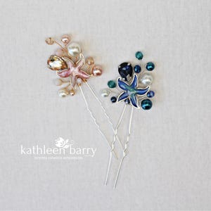 Starfish, two tone resin, rhinestone & pearl hair pin beach destination wedding - sea star hair accessories - assorted colors available