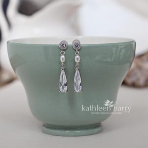 Dainty Art Deco inspired Pearl and Cubic Zirconia Drop Earrings – Silver Finish - wedding earrings nickel free