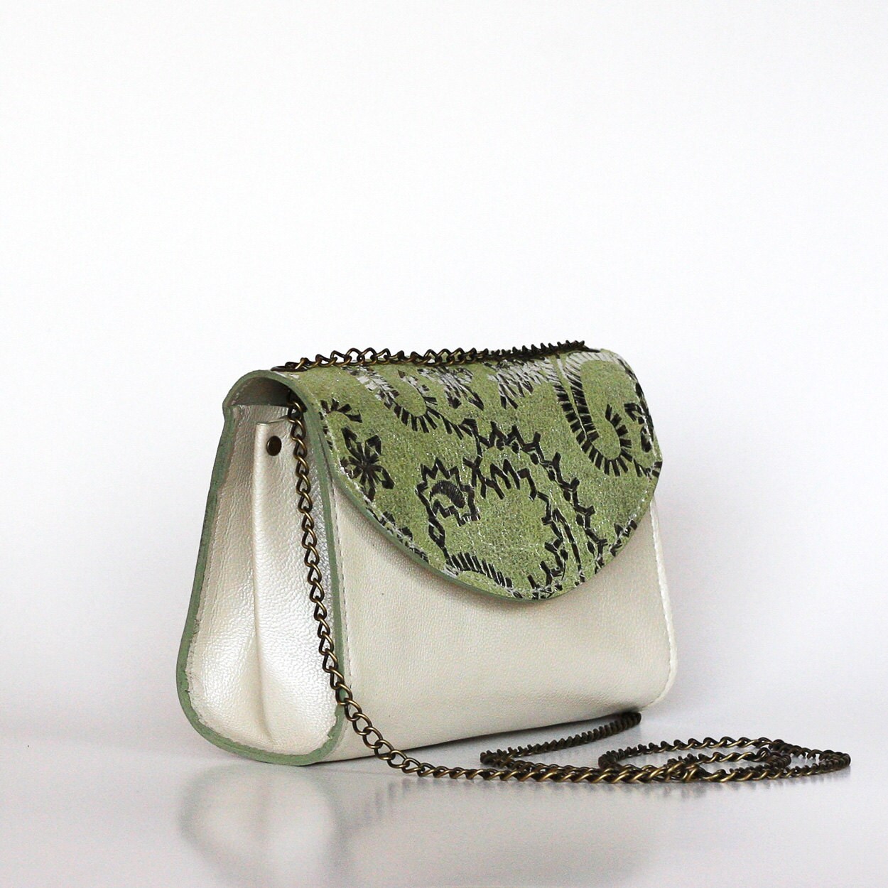Green leather purse Silver patterned bag Unique leather Etsy