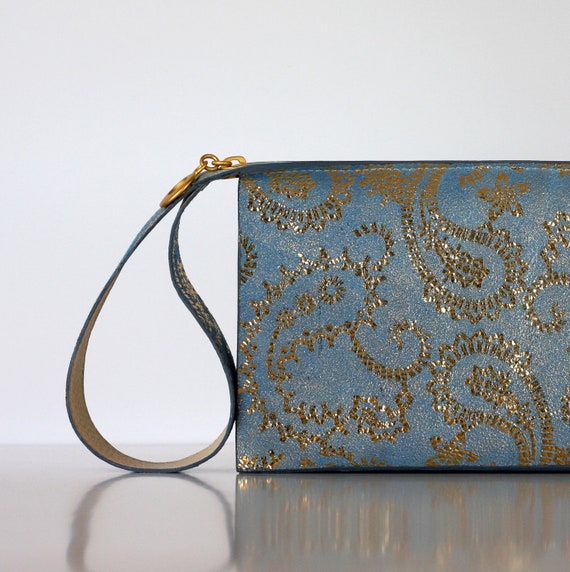 Items similar to Evening purse, blue wristlet clutch, leather purse