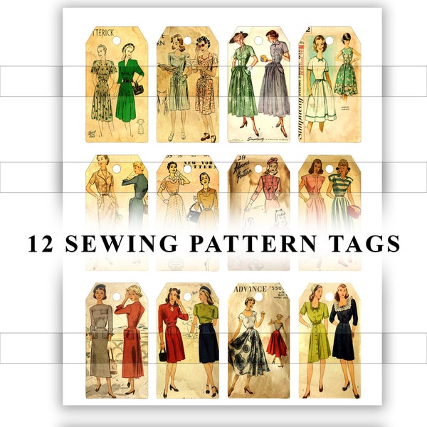 Vintage Sewing Pattern Tags, Junk Journal Ephemera, Printable, Junk Journal, Artzology, No. 391