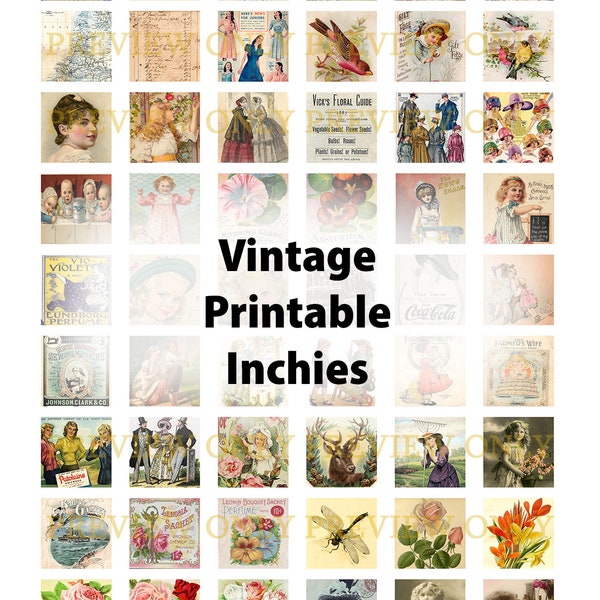 Vintage Inchies, 1 inch Squares Printable Digital Collage Sheet Digital #153