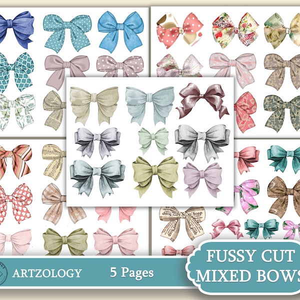 MIXED BOWS Set 1, Pretty Bows, Junk Journal Ephemera, Printable, No. 594