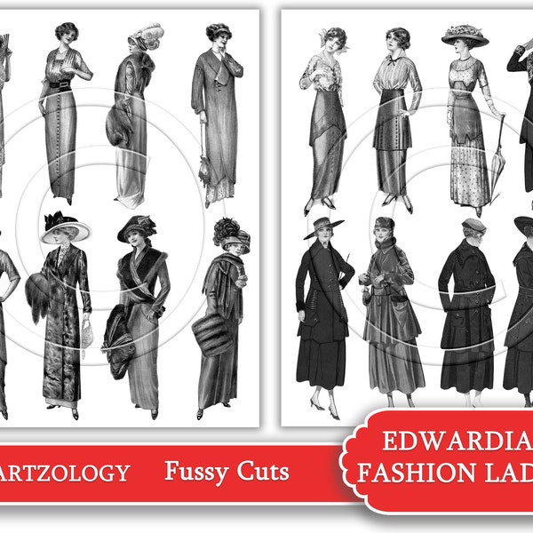 16 EDWARDIAN FASHION Ladies, 2 Colors, Fussy Cuts, Printable, Junk Journal, No. 549