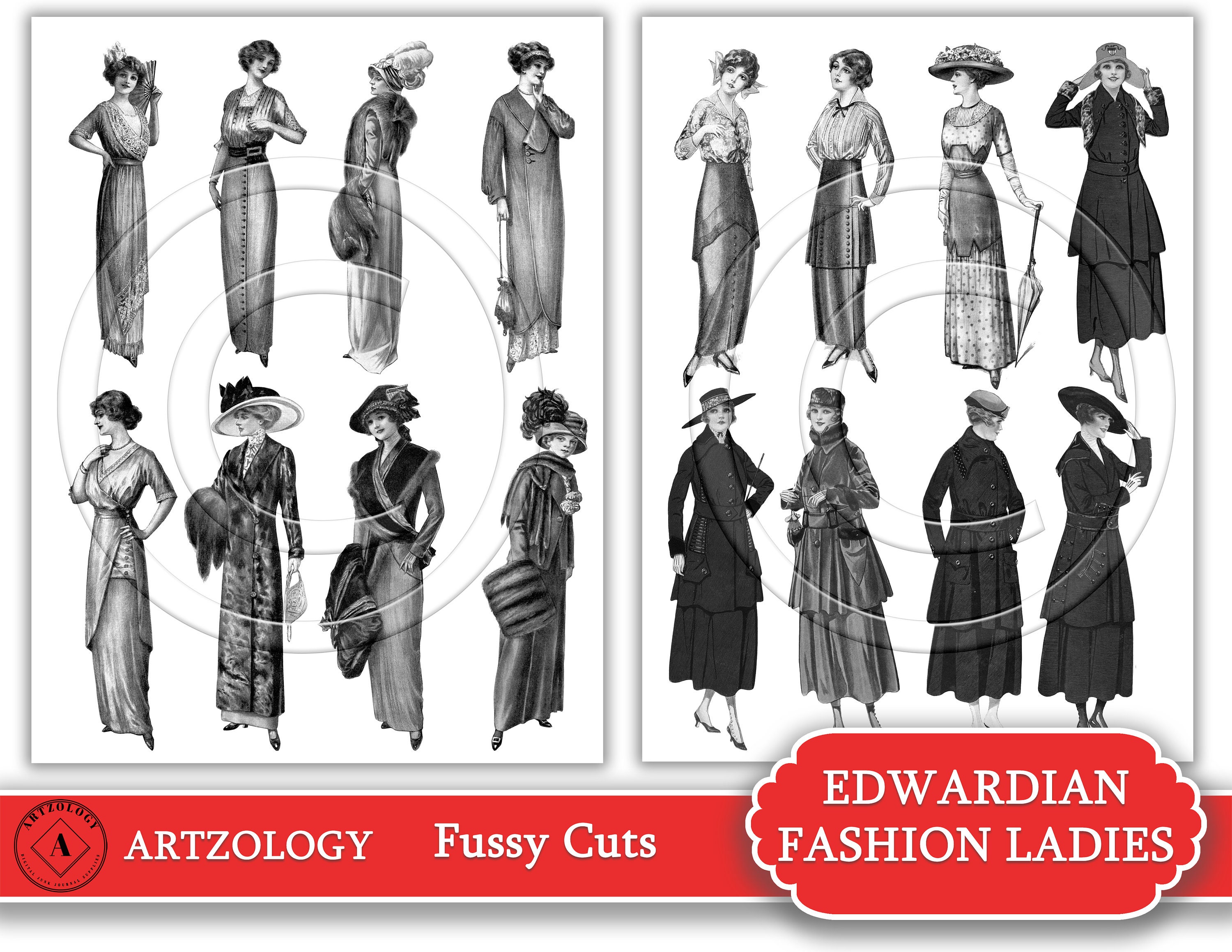 16 EDWARDIAN FASHION Ladies, 2 Colors, Fussy Cuts, Printable, Junk