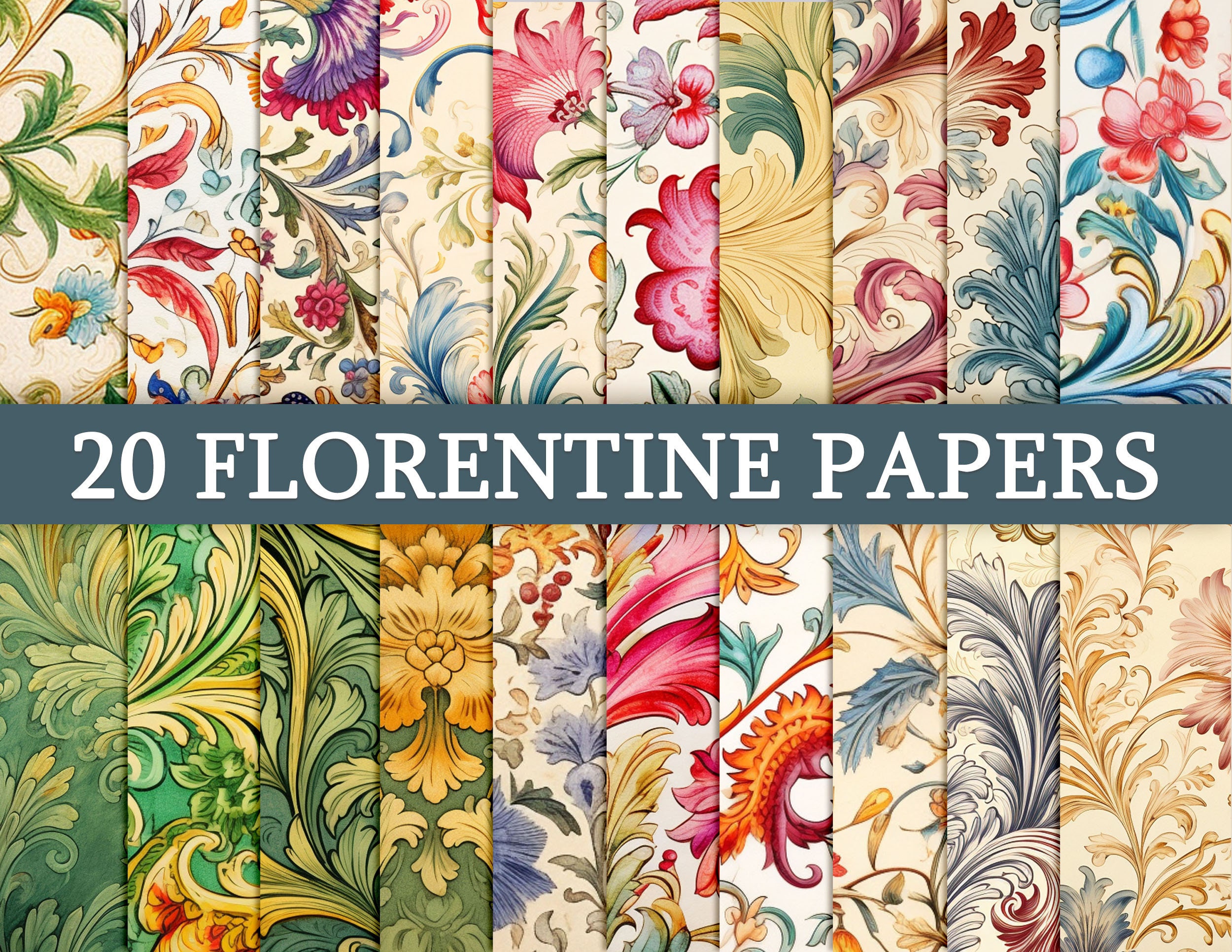 20 Sheet Printable Florentine, Digital Paper Decoupage, Collage Paper Art, Decorative Paper, Junk Journal Kit, Digital Paper Pattern No. 798