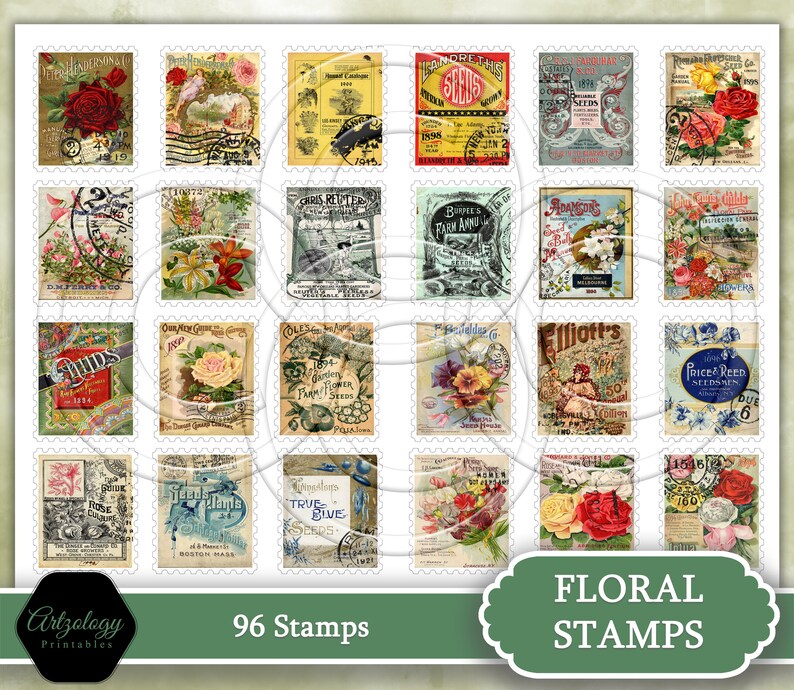 96 Faux Postage Stamps, Perfect for Junk Journals, Smash Books, Cameo/Scan N Cut Ready, Ephemera Kit, No. 596 imagem 4