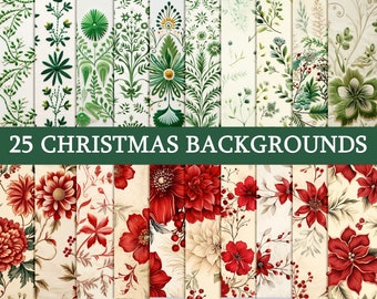 25 Christmas Backgrounds, Digital Paper Decoupage, Collage Paper Art, Decorative Paper, Junk Journal Kit, Digital Paper Pattern No. 806