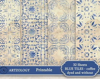 32 pg BLUE TILES Paper Pack, Printable, Junk Journal, No. 553