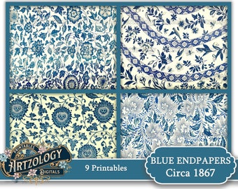 BLUE PATTERN PAPERS, Circa 1867, Junk Journal, Collage, No. 664