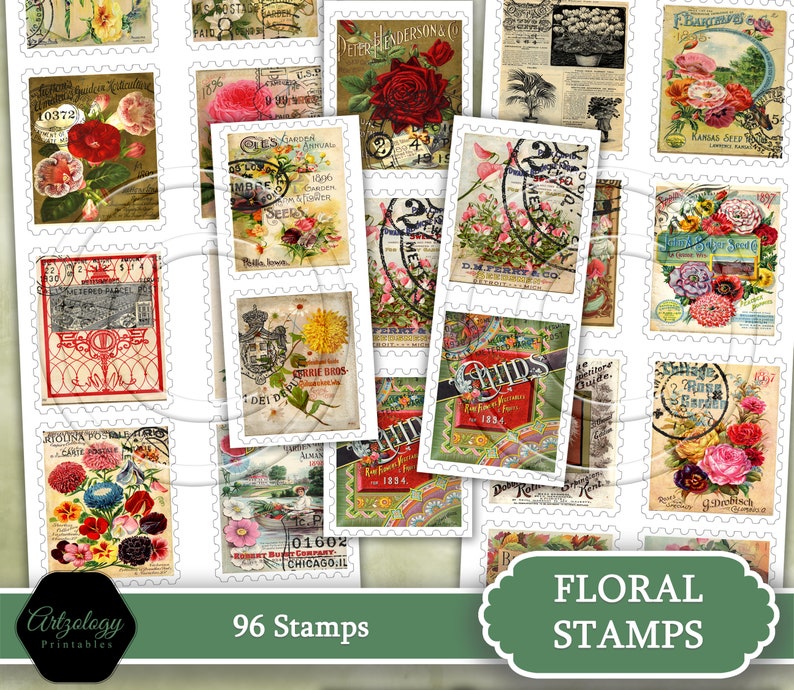 96 Faux Postage Stamps, Perfect for Junk Journals, Smash Books, Cameo/Scan N Cut Ready, Ephemera Kit, No. 596 imagem 1