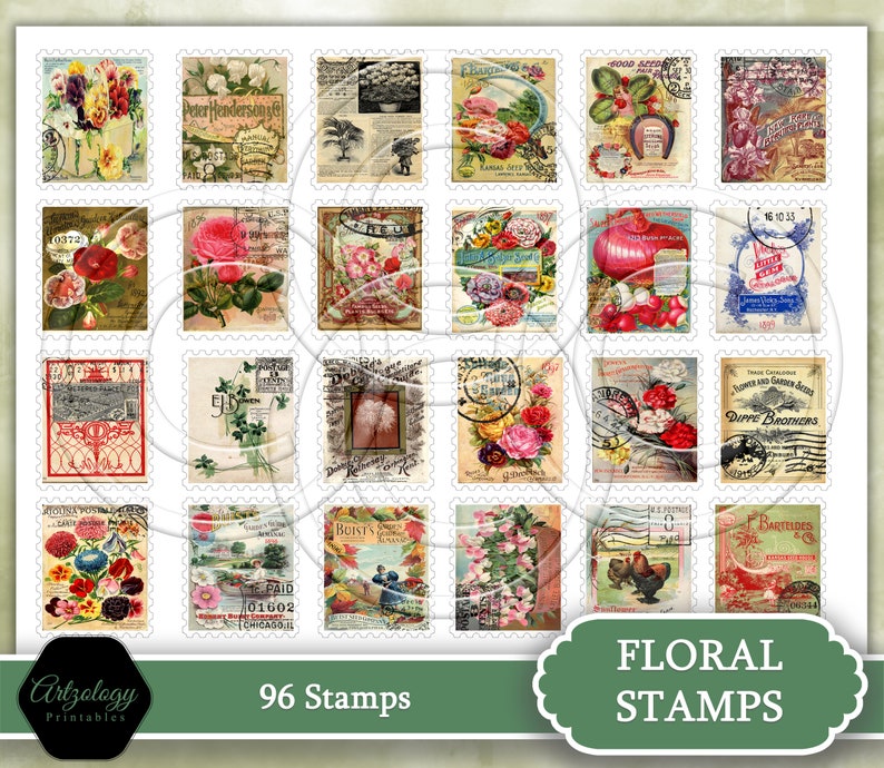 96 Faux Postage Stamps, Perfect for Junk Journals, Smash Books, Cameo/Scan N Cut Ready, Ephemera Kit, No. 596 imagem 2