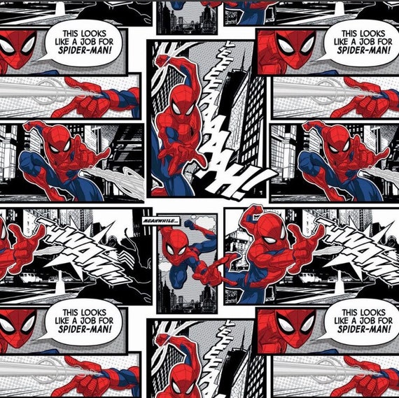 Marvel Comics Spiderman Comic Panels Black and White Cotton Fabric 18 X 21,  1/4 Yard 