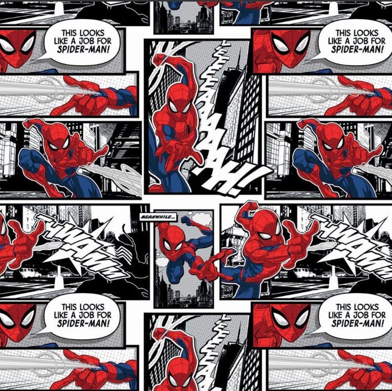 Marvel Comics Spiderman Comic Panels Black and White Cotton Fabric 18 x 21, 1/4 yard image 1