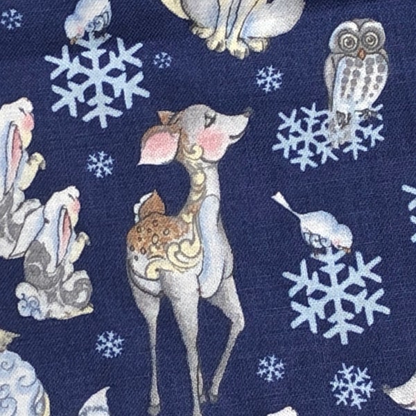 Baby Rabbit and Fawn in Forest Blue Cotton Fabric 18” x 21” Fat Quarter