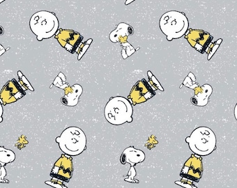 Snoopy And Charlie Brown Grey Cotton Fabric 18” x 21”, fat quarter