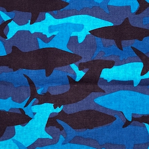 Sharks Camo Blue Cotton Fabric 18” x 21” Fat Quarter