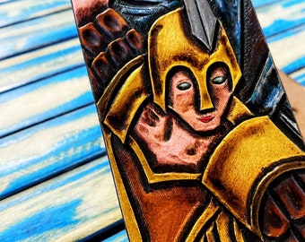 Gitarrengurt aus Leder - Erzengel Gabriel im Kampf mit Luzifer. Personalisierbar!