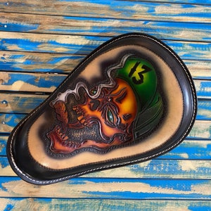 Leather motorcycle solo seat Bobber Chopper Harley Davidson Kustom Kulture carved leather seat tooled custom leatherwork  FTW