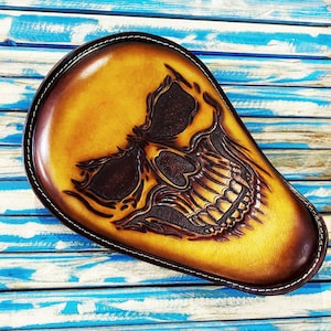 Skull Leather Motorcycle Seat Custom Harley Davidson Chopper Bobber Solo Seat Knucklehead Bagger handmade Chicano old school