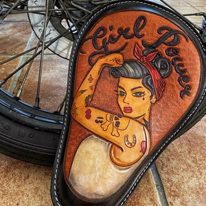 Girl power Handmade motorcycle leather solo seat Bobber Chopper Softail Kustom Kulture, Harley Davidson, sprung seat custom leatherwork