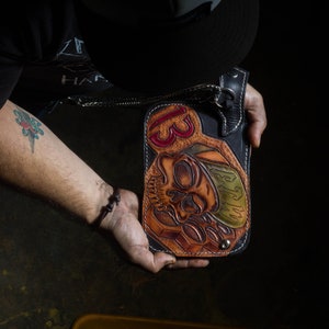 Cartera de cuero para hombre FTW, monedero de cuero repujado, 13, calavera hecha a mano