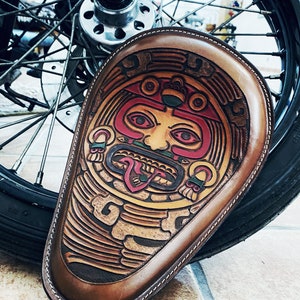 Handmade leather motorcycle solo seat Mayans Biker Chopper Shovelhead Panhead Bobber Harley Davidson Tooled Leather seat Kustom Kulture FTW