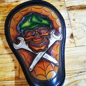 Custom Leather Motorcycle solo seat Bobber Chopper Spiderweb Skull and wrenches Custom Leather Shovelhead Panhead Harley Davidson Bagger