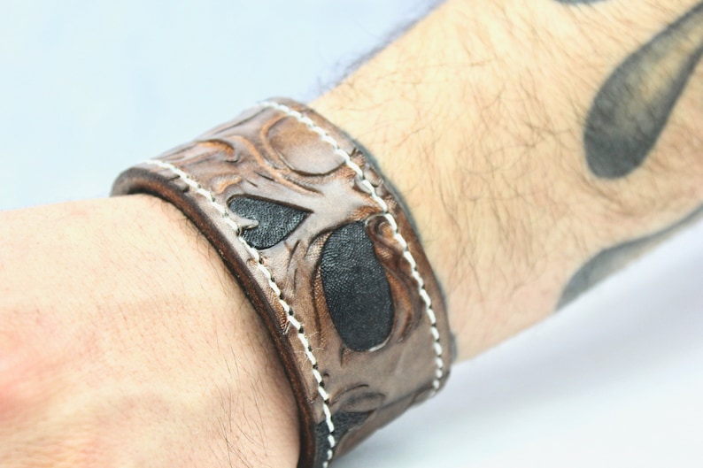 Skull Bracelet Brown Leather Bracelet Handmade Leather Gift Leather Wrap Bracelet Custom and Personalized Gift Cuff Wrap