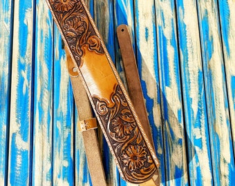 Custom Leather Western Guitar Strap with Floral Carving - Add Your Own Initials