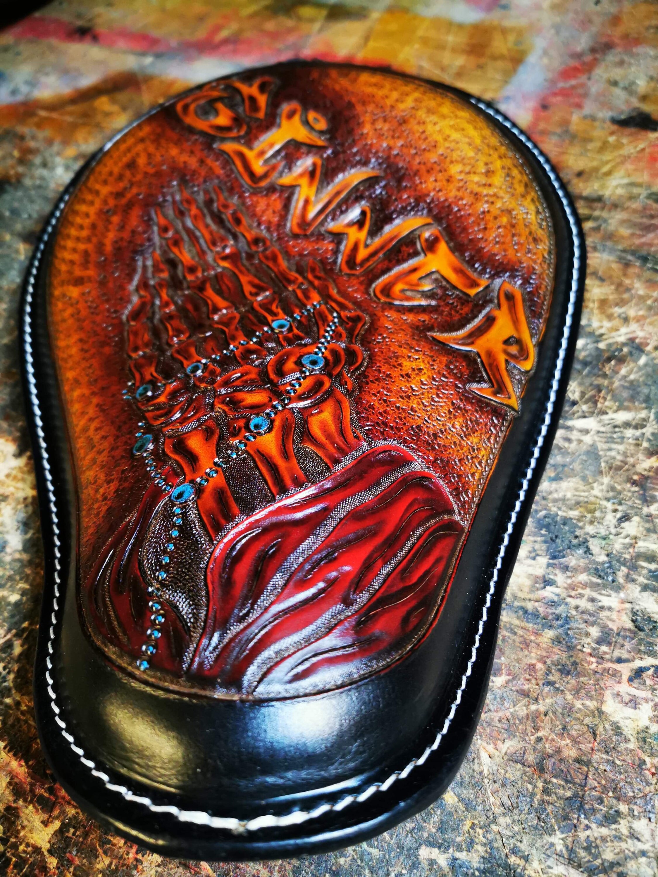 SINNER Leather Motorcycle seat Chopper seat Bobber solo seat Handmade carved leather seat Kustom