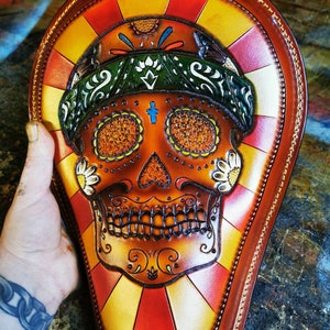 Custom Handmade Motorcycle Solo Seat, Chopper Shovelhead Panhead, Harley Davidson, Sugar Skull, Tooled Leather Seat, Kustom Kulture
