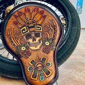 Mayans skull leather motorcycle Seat Bobber Panhead Chopper Harley Davidson solo Seat Bagger handmade custom leather seat Kustom kulture FTW