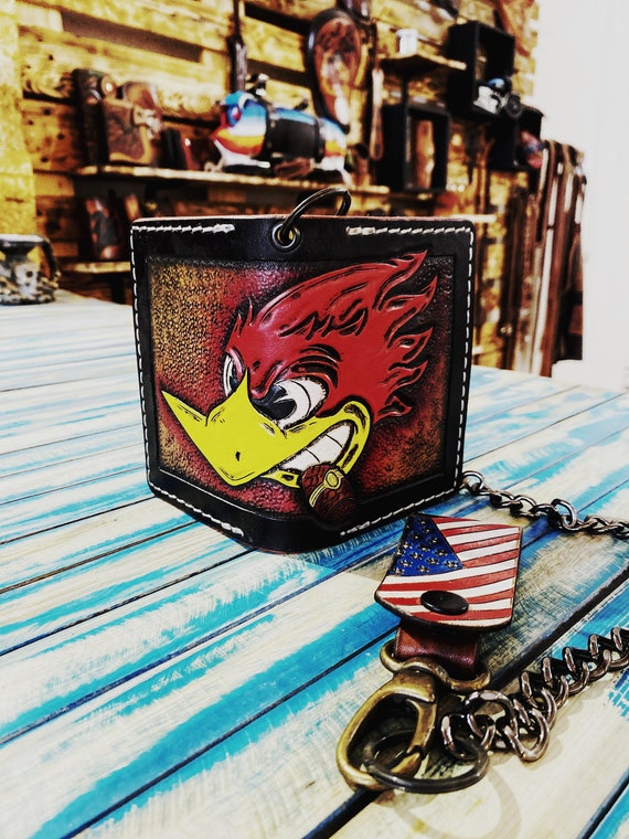 Handmade Leather Wallet With Mr. Horsepower and Woodpecker Handmade Leather Wallet With Mr. Horsepower and Woodpecker