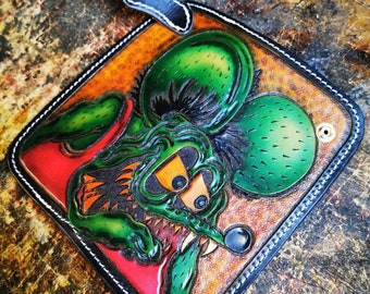 Handgemachte Rat Fink Leder Biker Geldbörse: Kustom Kulture Lange Brieftasche