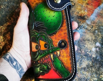 Handgefertigte Rat Fink Leder Geldbörse: Kustom Kulture Biker Lange Geldbörse