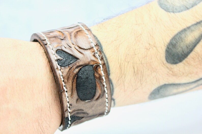 Skull Bracelet Brown Leather Bracelet Handmade Leather Gift Leather Wrap Bracelet Custom and Personalized Gift Cuff Wrap