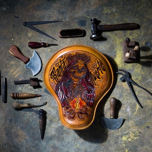 FTW Santa Muerte Leather Motorcycle Seat for Custom Shovelhead, Panhead, Knucklehead, Chopper Kustom Kulture, handmade gift for biker