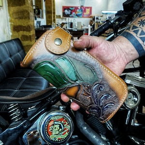 Cartera de cuero hecha a mano Cartera de motociclista Chicano Mayans Cartera de cuero con cadena hecha a mano Chopper Bobber Cartera de cuero personalizada Cartera hecha a mano con calaveras