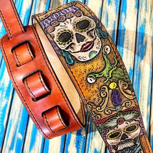 Colorful Handcrafted Leather Guitar Strap with Intricate Sugar Skull and Snail Patterns - Customizable!