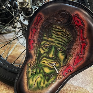 Frankenstein It&#39;s Alive handmade leather motorcycle solo seat Bobber Chopper Shovelhead Panhead Bagger seat Kustom Kulture Harley Davidson C