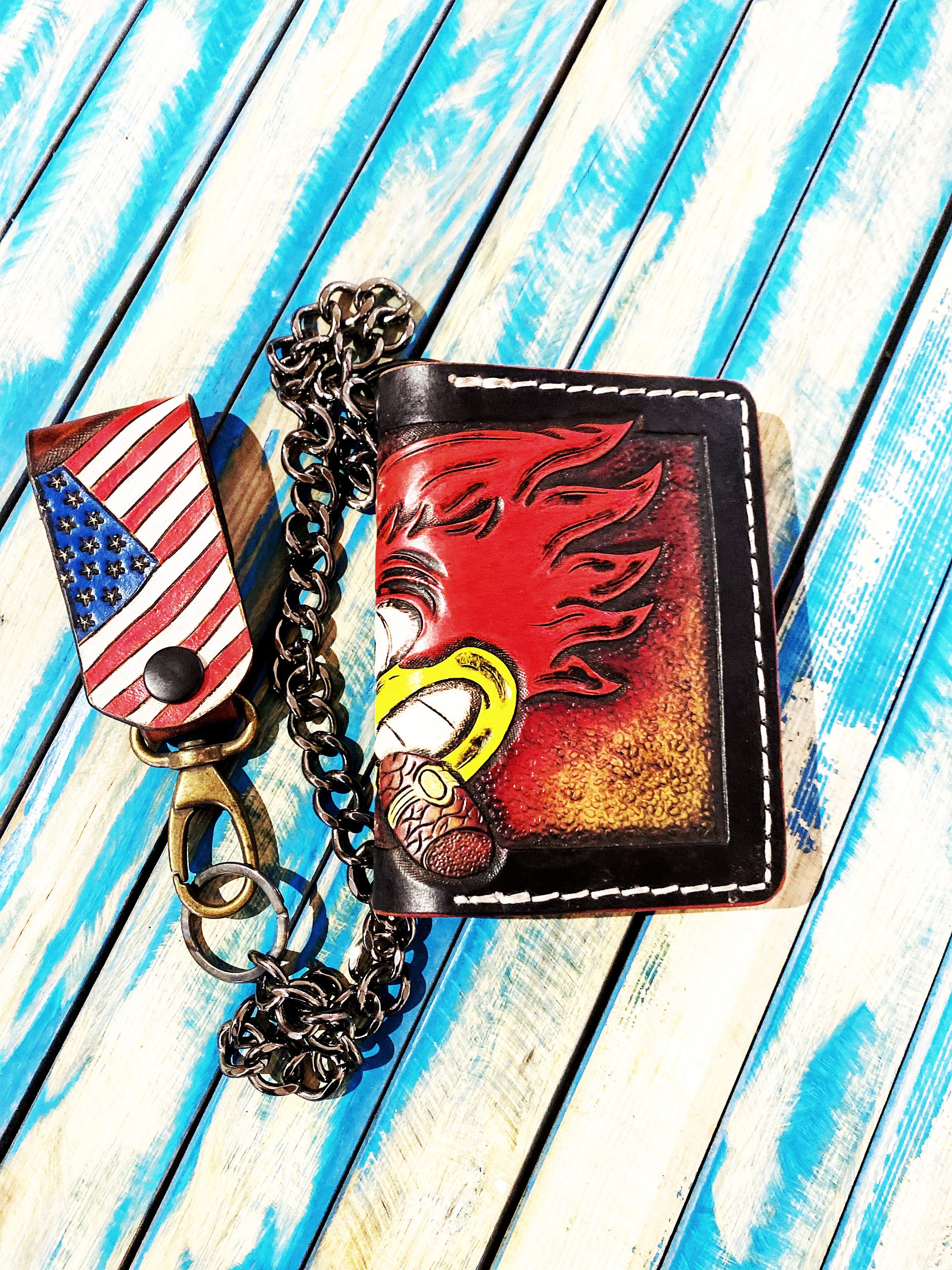Handmade Leather Wallet With Mr. Horsepower and Woodpecker